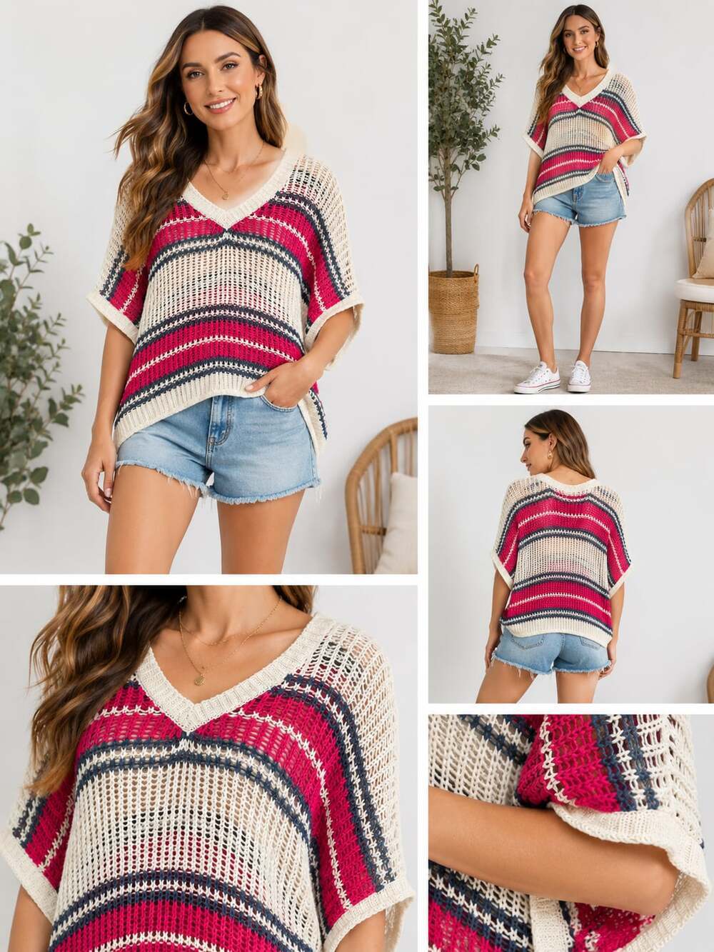 POL Open Knit Striped Boho Sweater Pink Beachy Crochet Pullover S/M